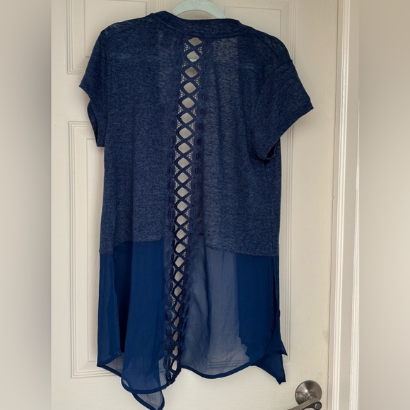 August Silk Denim Blue Open Front  Lace Back Cardigan / Size Large NWT - Picture 9 of 13